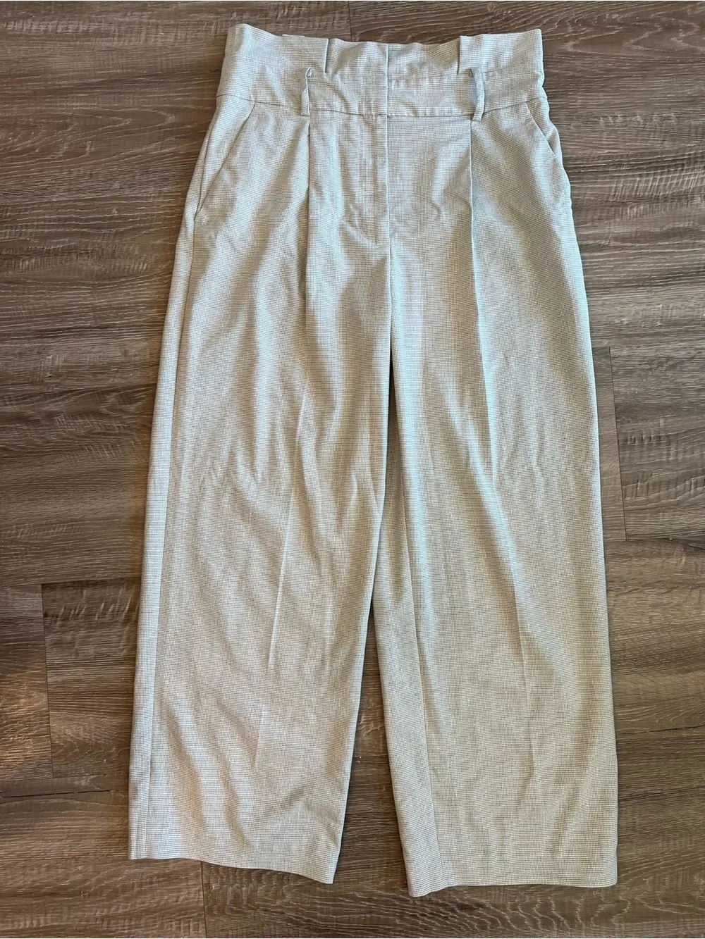 Mango white size 10 tan gingham paper bag pleated linen blend pants